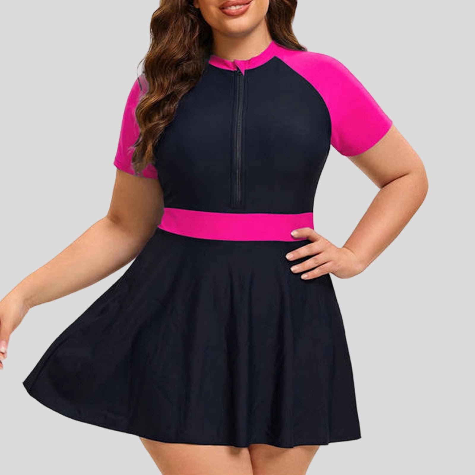 Generisch Maillot de bain rashguard 2026 pour femme, grande taille, robe de bain à manches courtes avec fermeture éclair et short