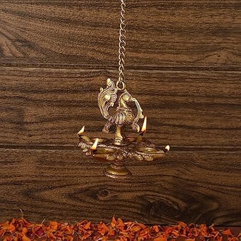 Purpledip Brass Peacock Hanging Diya Lamp Cover