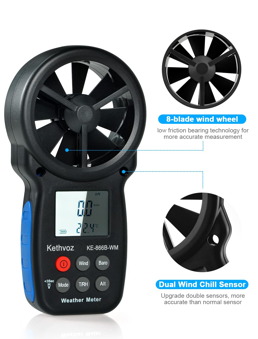 Anemómetro Digital Kethvoz KE-866B-WM Medidor de Viento con Barómetro, Altímetro y Medición de Humedad