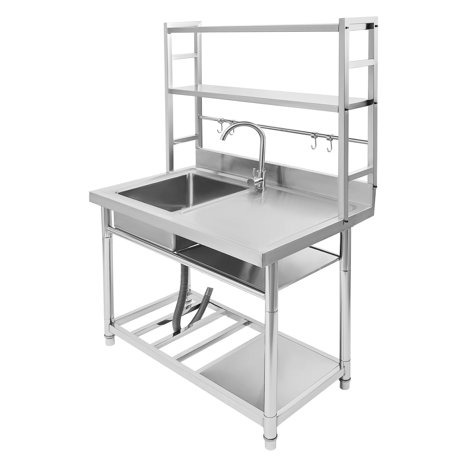Évier de cuisine sur pied en acier inoxydable avec robinet et 4 crochets, 1 bac, pour cuisine, jardin, extérieur, atelier, buanderie (gauche)