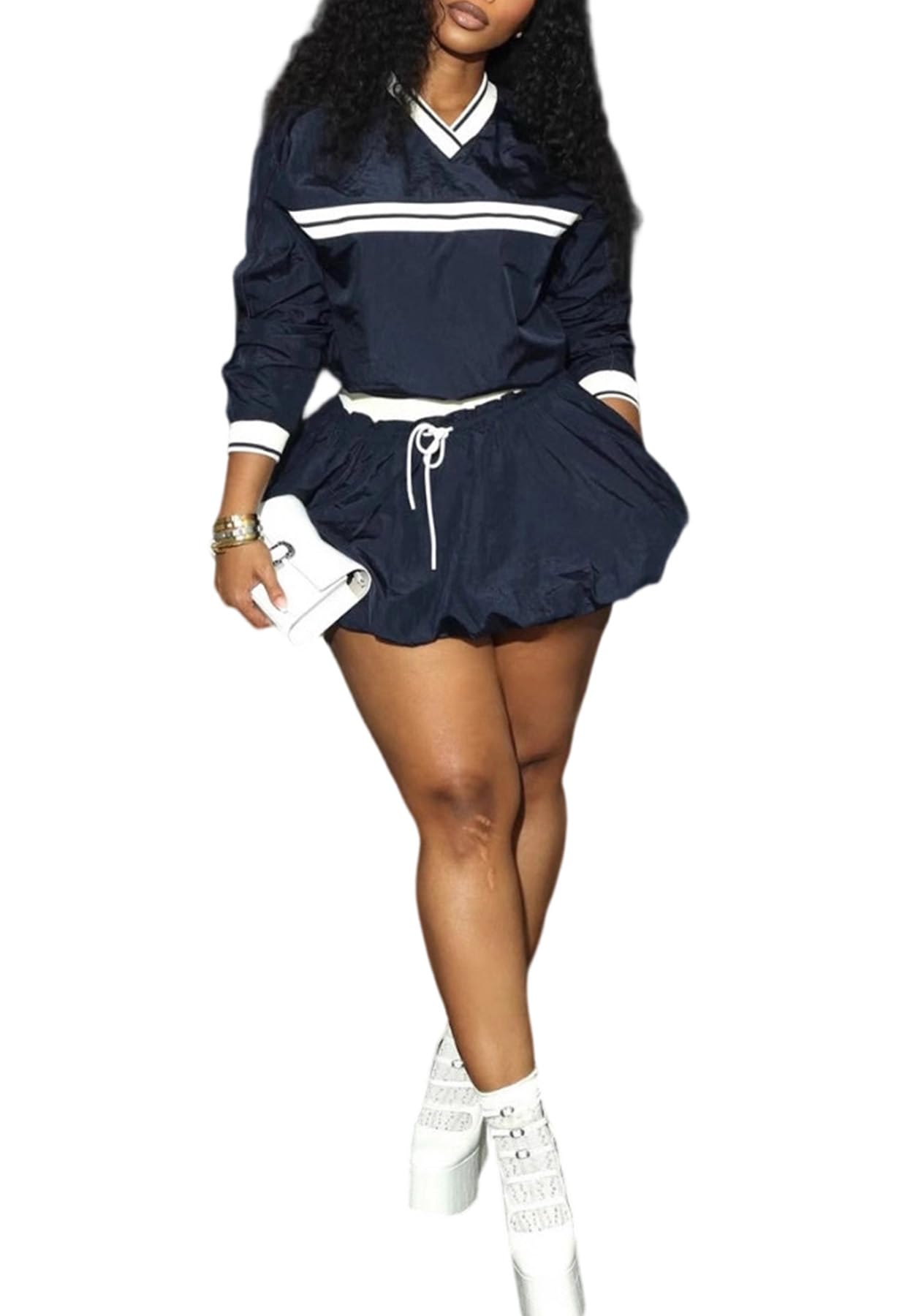 YOOTIKO Womens 2 Piece Skirt Sets Color Blocking Long Sleeve Bubble Skirt Sets Casual Fluffy Skirt Set