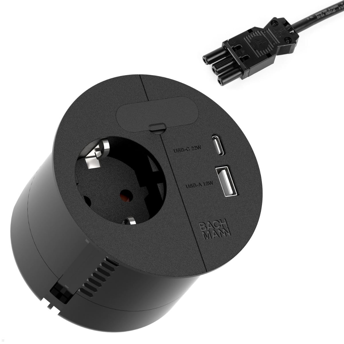 BACHMANN 938.203 gniazdko elektryczne Loop IN Charge 1 x USB A/C 22 W z otworem na kabel 0,2 m, przewód zasilający ISV do biura, sali konferencyjnej i salonu, kolor czarny
