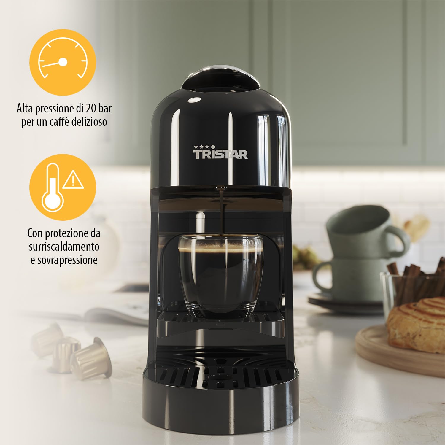 Tristar Macchina da Caffè a Capsule, Serbatoio da 0,8 l, 1400 W, Compatibile con Capsule Nespresso, Vassoio Raccogligocce Removibile, Spegnimento Automatico, CM-2302