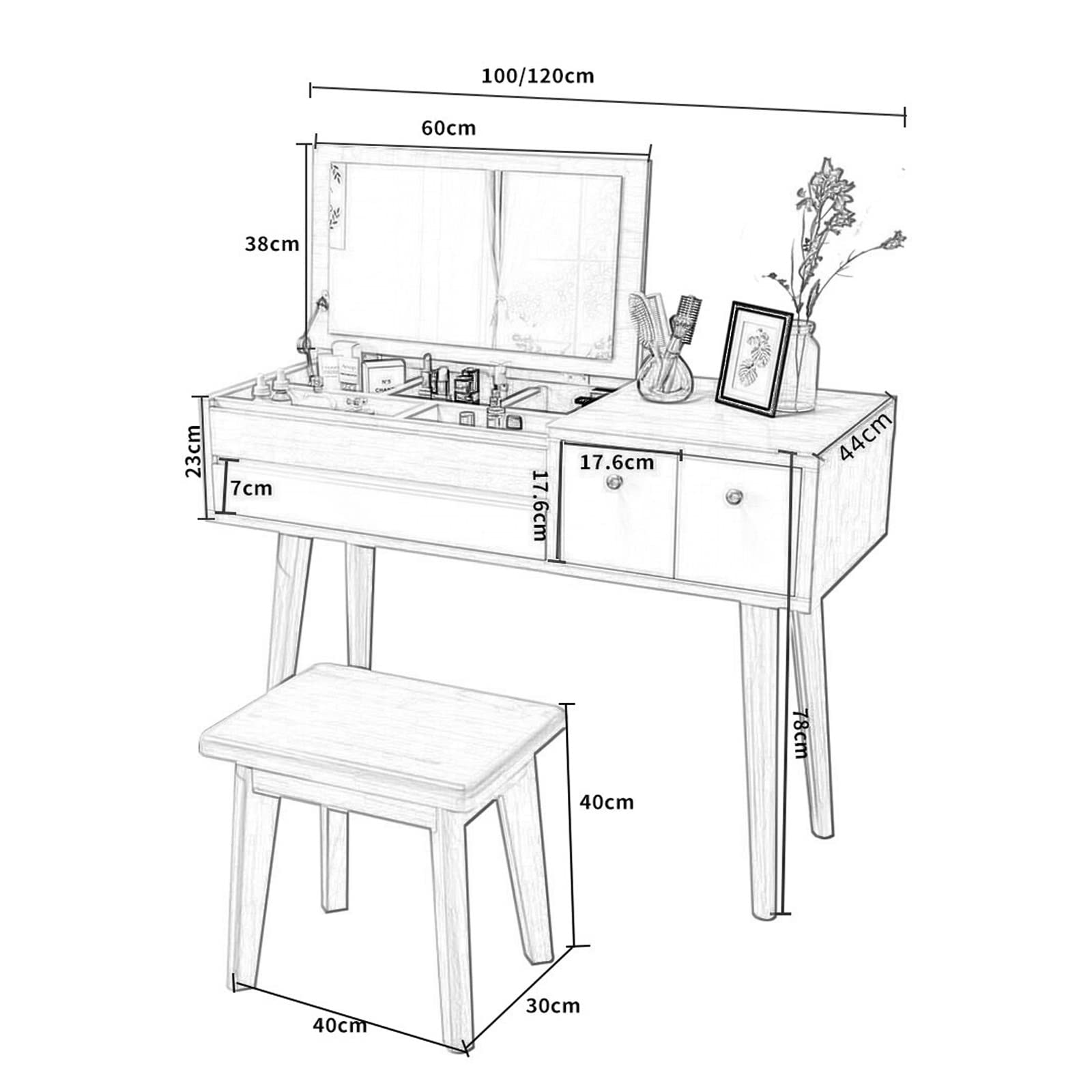 Schminktisch Set, Kosmetiktisch Mit Spiegel & Hocker, Frisierkommode Aus Massivholz Makeup Tisch Set Kosmetiktisch Für Mädchen Kosmetiktisch Computertisch Mit Große Tischplatte ( Color : C , Size : 1M