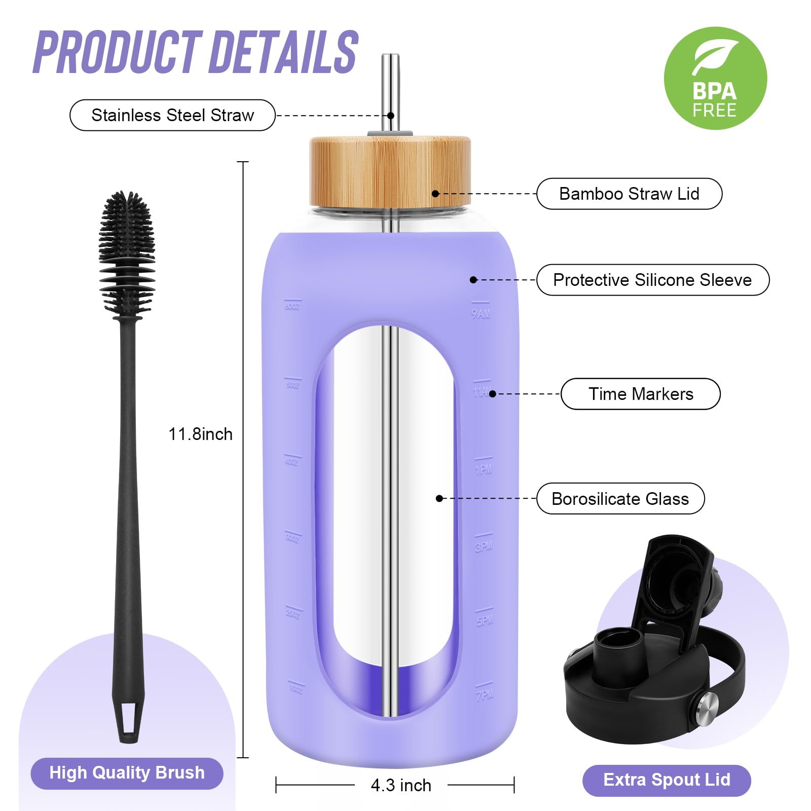 FULBEVY Botellas de agua de vidrio de 64 onzas – Botella de agua motivacional grande de medio galón con marcador de tiempo – Botella de agua de vidrio con popote, funda de silicona, 2 tapas, boquilla