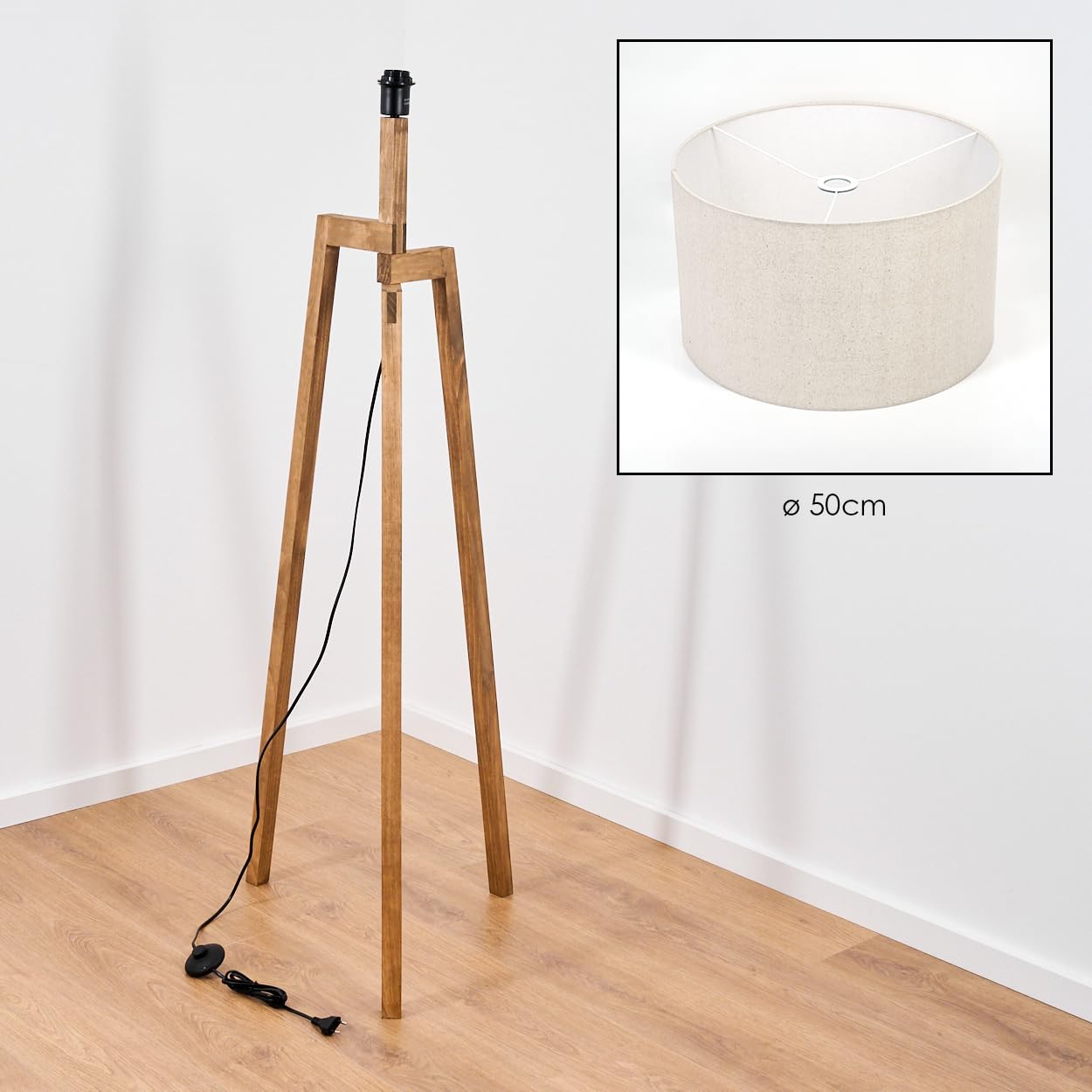 HOFSTEIN Stehleuchte Flemming, Stehlampe aus Holz im modernen Boho-Design, Schirm aus Stoff, Ø 50 cm, 162,5 cm, E27, mit Fußschalter - Wohnzimmer, Schlafzimmer, Esszimmer, Flur