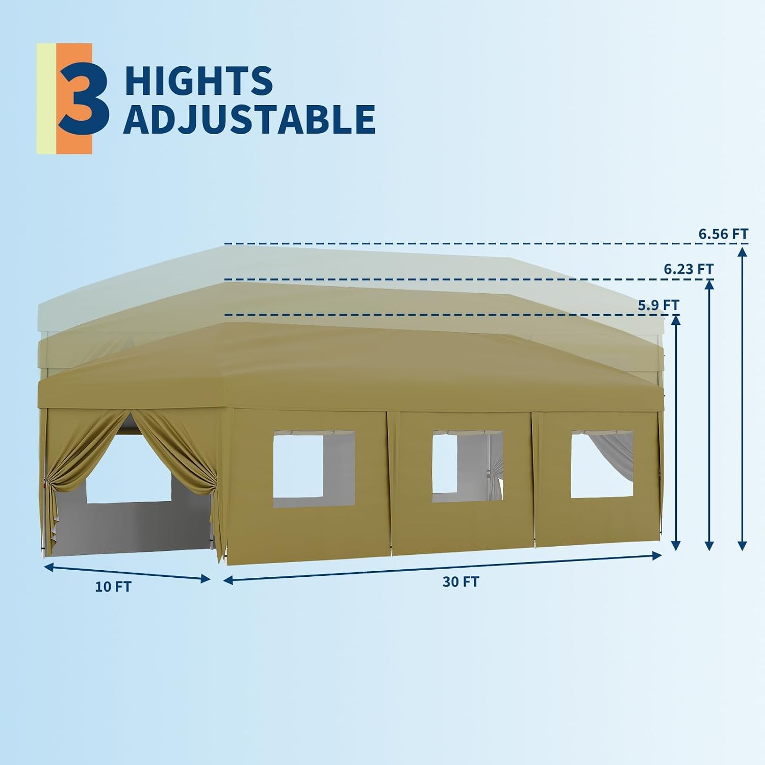 CABIHOME 10x30FT Pop Up Canopy Tent – 8 Sidewalls, Heavy Duty Waterproof Outdoor Storage & Event Shelter for 30-50 People, Adjustable Height, Sun Shade, Roller Bag, Weight Bags & Stakes – Khaki
