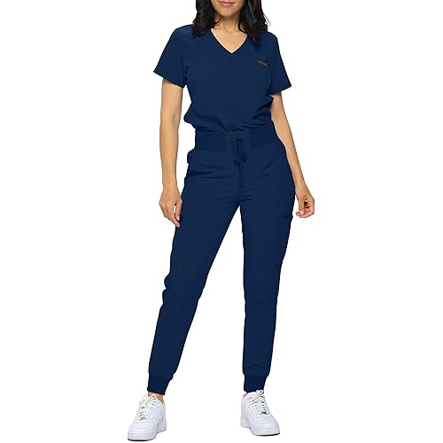 Monarch Uniforms Slim Fit Stretchy Scrubs Women's Jogger Scrub Set Slim Jogger Scrubs with Tuck-In Top for Women
