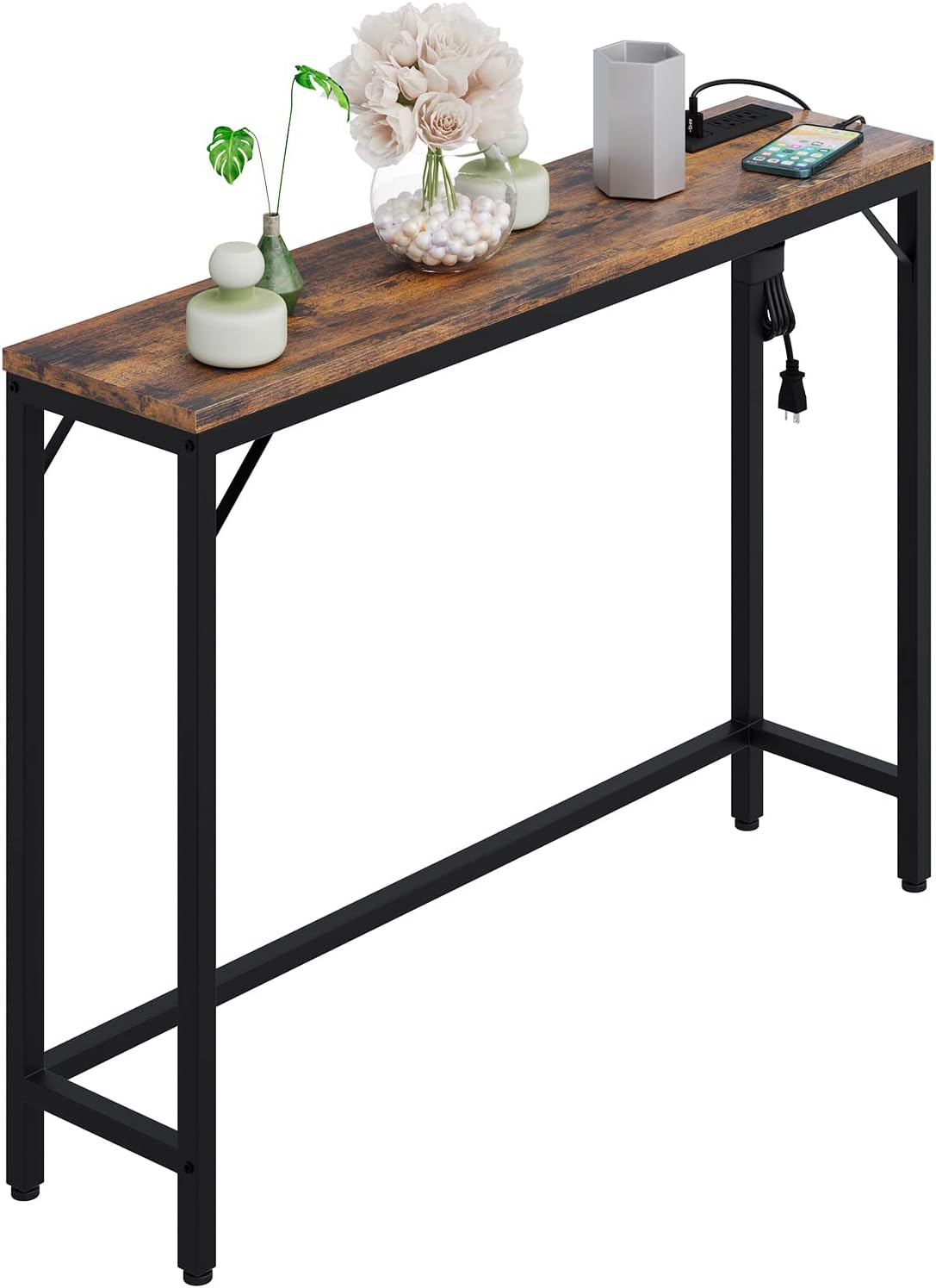 IDEALHOUSE Entryway Table with Power Outlets & USB Ports, Narrow Sofa Table with Charging Station, 39.3" Industrial Console Table, Behind Couch Table for Living Room, Hallway, Foyer, Bedroom-Vintage