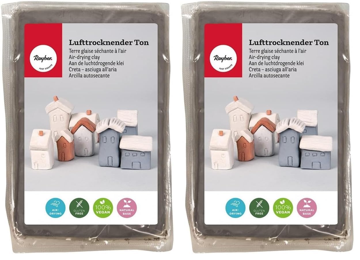 Rayher Lufttrocknender Ton, grau, 1 kg, Modelliermasse, lufthärtend, weich, geschmeidig, ohne brennen, 3450125 (Packung mit 2)