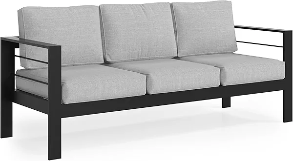 Solaste Aluminum Outdoor Couch, 3-Seat Metal Outdoor Sofa with Water-Resistant Cushion, Weather-Resistant Modern Patio Sofa, Black Frame Grey Cushion