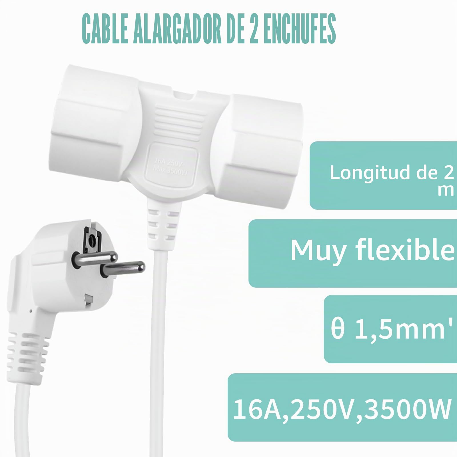 Extensor eléctrico doble 2 m 2 enchufes cable flexible max 3500 W convertidor alemán hogar oficina blanco