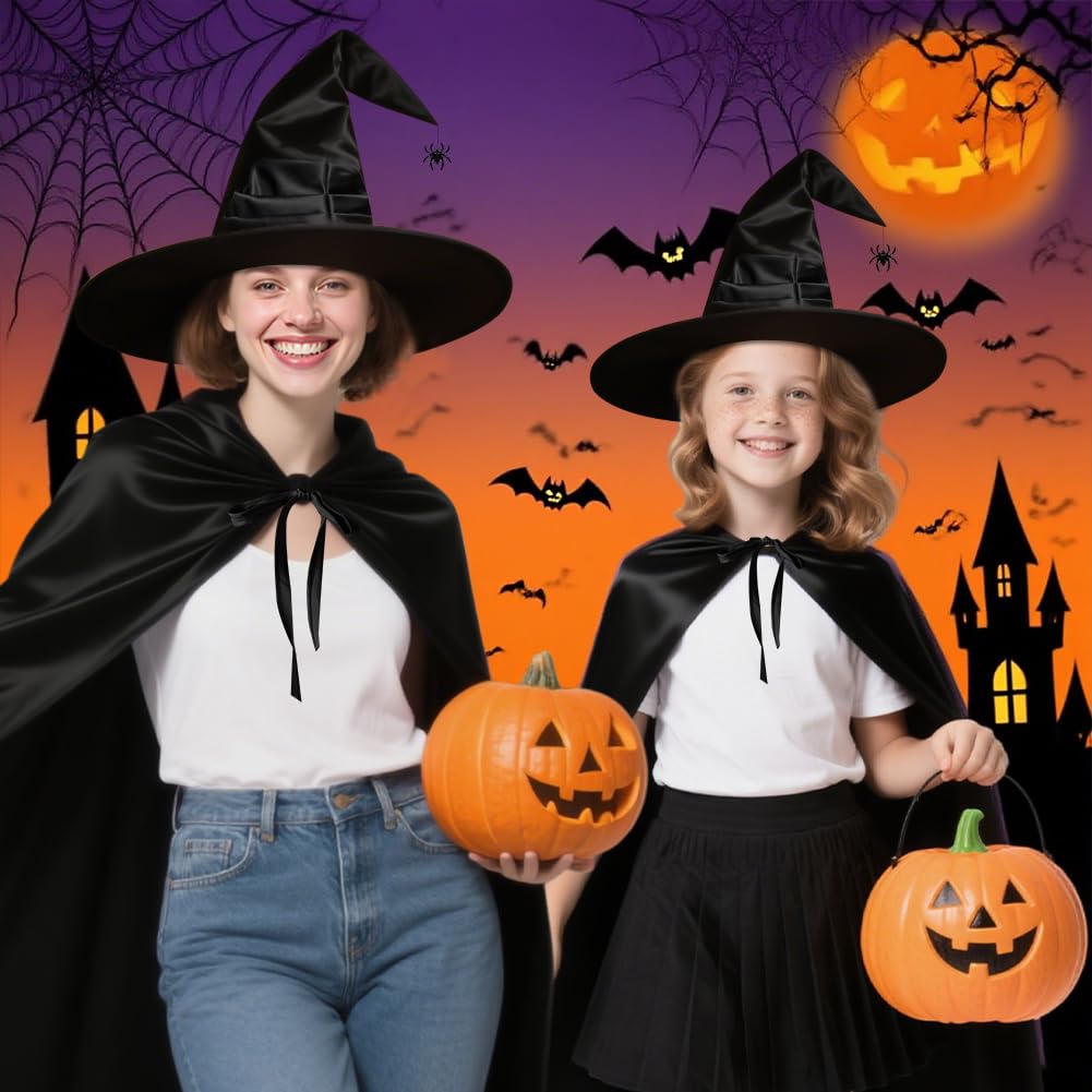 AUYAO Kostium czarownicy, damski kostium czarownicy, kompletny zestaw z peleryną z kapturem/kapeluszem pająka, peleryna na Halloween, kostium dla dorosłych, kobiet i mężczyzn, na Halloween, karnawał