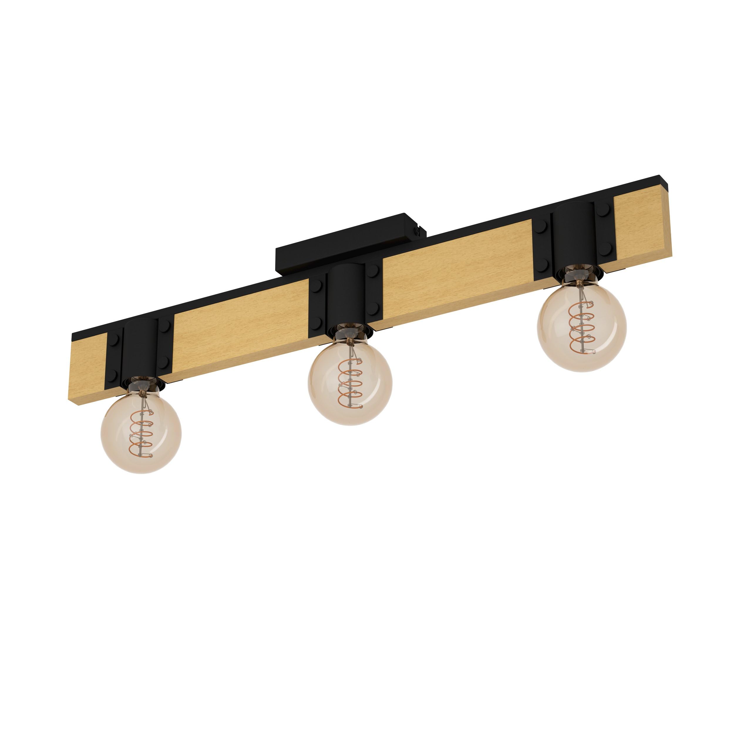 Eglo Light/Black Bailrigg Three Lamp Linear Ceiling In With Wood Detai
