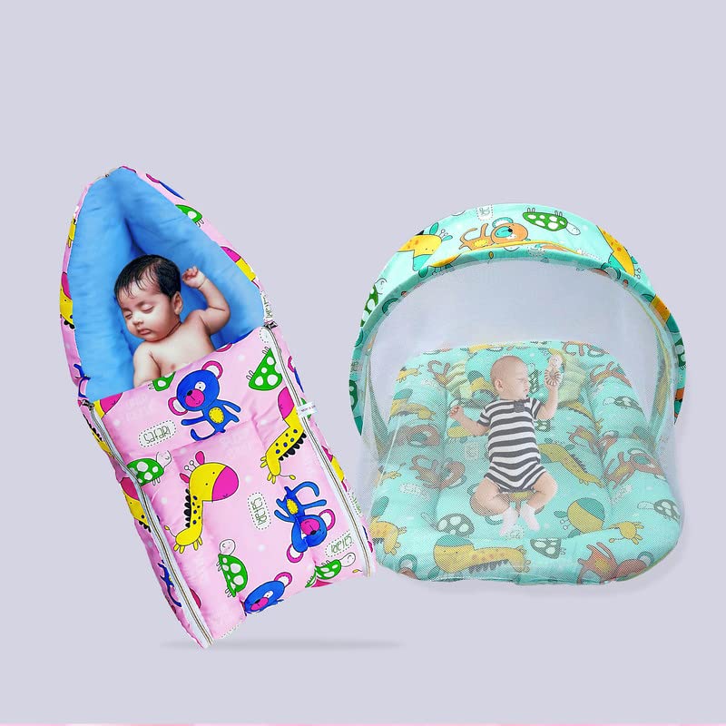 Image of MOM & SON Baby Gift Set Mattress with Net & Baby Sleeping Bag (0-3 Months) (Pink & Green)