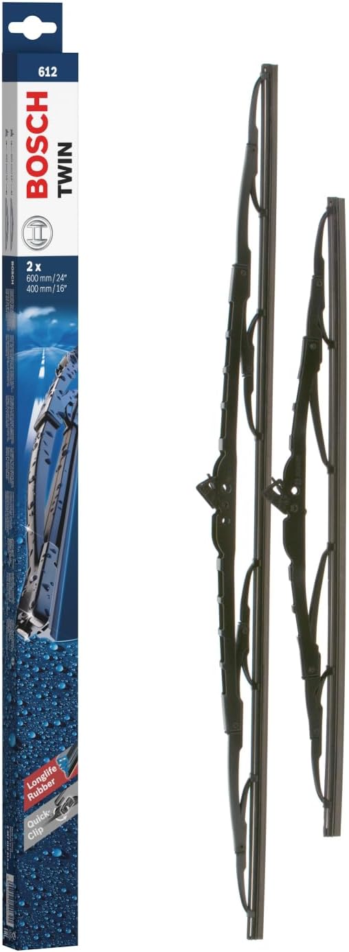 Bosch Twin 612 Front Windscreen Wipers, 2 Blades, 600 mm / 400 mm | Set of 2 Replacement Blades - Comes with Pre-assembled Quick-Clip Adapter