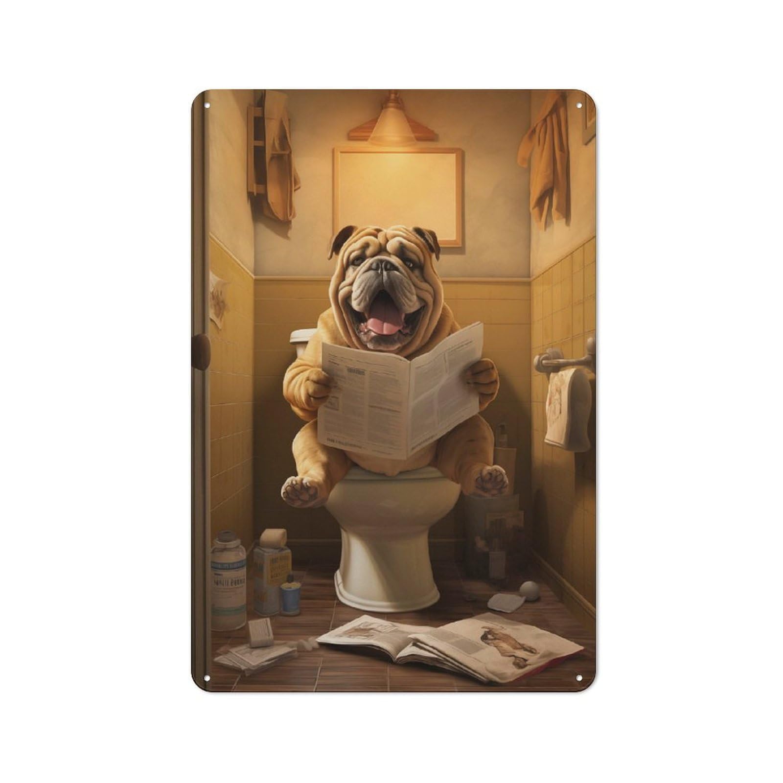 Junmoney Fat Dog Toilet Newspaper Retro Metal Sign 30X20cm For Living Room Or Hallway, For Updating Living Room And Hallway After Moving