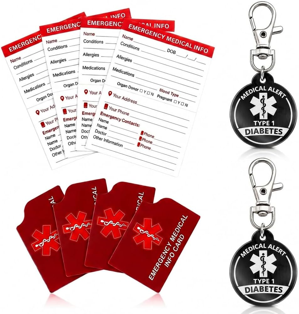 Type 1 Diabetes Medical Alert Keychain Set with Emergency Information Cards 2PK Keychains 4 ID Cards 4 Card Holders