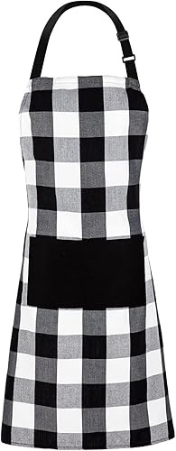 Jubatus Paquete de 2 delantales a cuadros de búfalo con 2 bolsillos ajustables, delantal de cocina de chef para hombres y mujeres, blanco y negro,