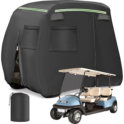 Xoxocos Golf Cart Cover 2+2/4/4+2 Passenger, Heavy Duty 600D Fit EZGO Club Car Yamaha Golf Carts Outdoor Waterproof Windproof Golf Cart Covers with Reflective Strips, Zippered Pockets, Zipper Doors