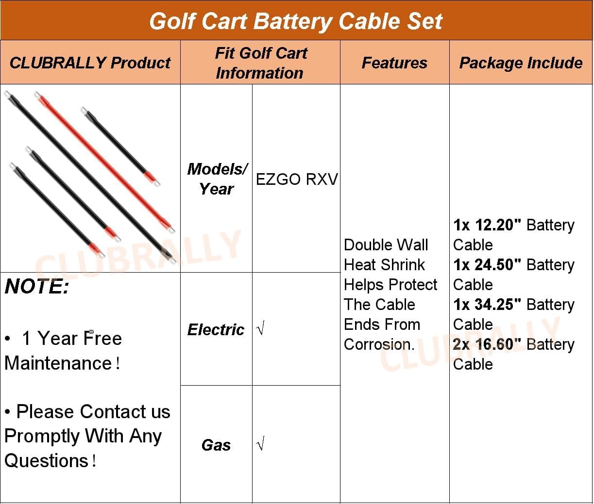 Golf Cart Battery Cables Power Wiring Kit, 2 Gauge Battery Cable for EZGO RXV Golf Carts
