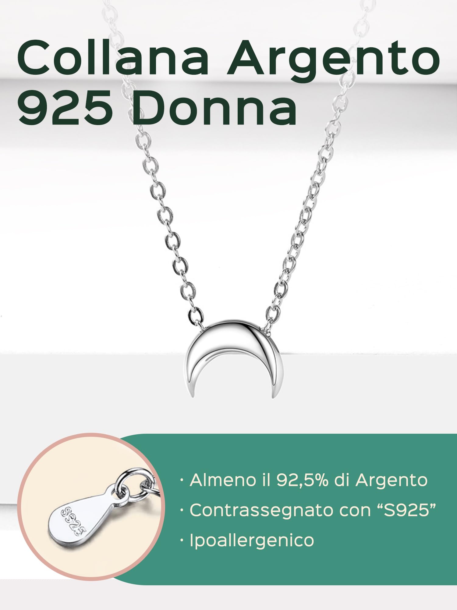 ChicSilver Collana Argento 925 Donna in Oro Bianco, Collana Donna Argento Oro Rosa con Cuore/Luna/Stella Lunga 41+5cm, Catenina Ciondolo Personalizzata Ragazza Bambina Amicizia Idee Regalo