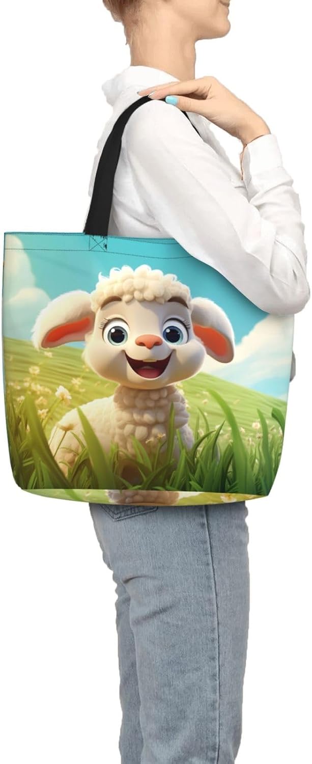 Cute Cartoon Sheep Print Eco-Friendly Tote Lightweight Grocery Bag Daily Commuting Travel Beach Gym Use