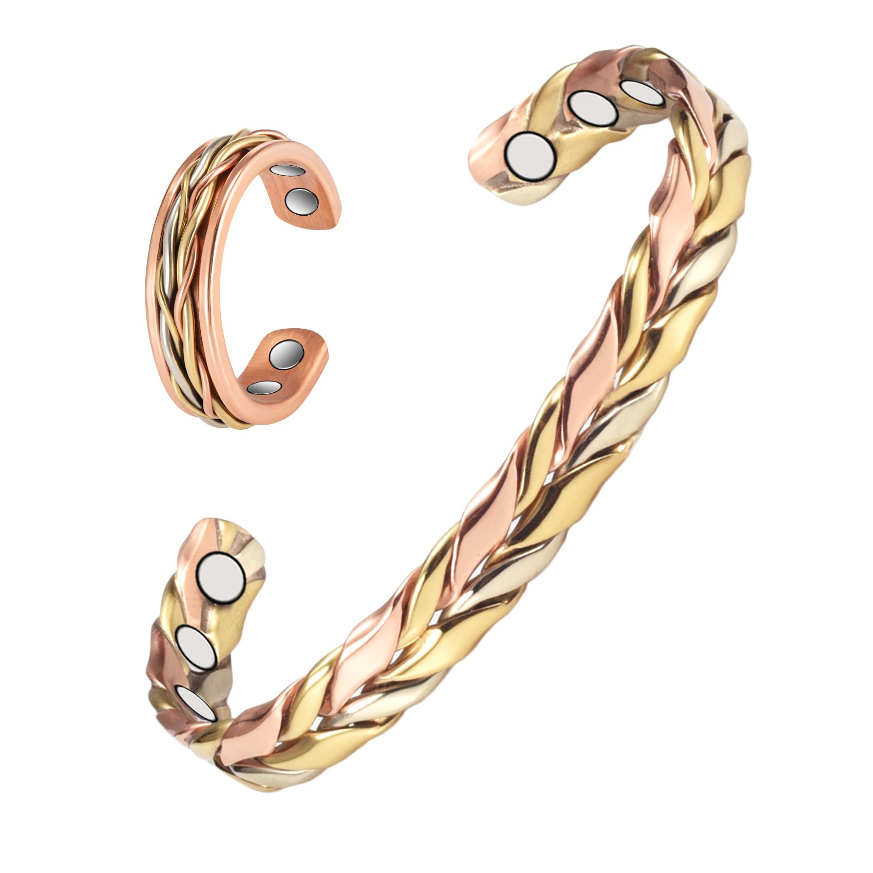 EnerMagiX Copper Bracelet for Women, Set Pure Copper Adjustable Braid Bracelet Ring with Magnets, Mother's Day Jewelry Presents(1004 2036)