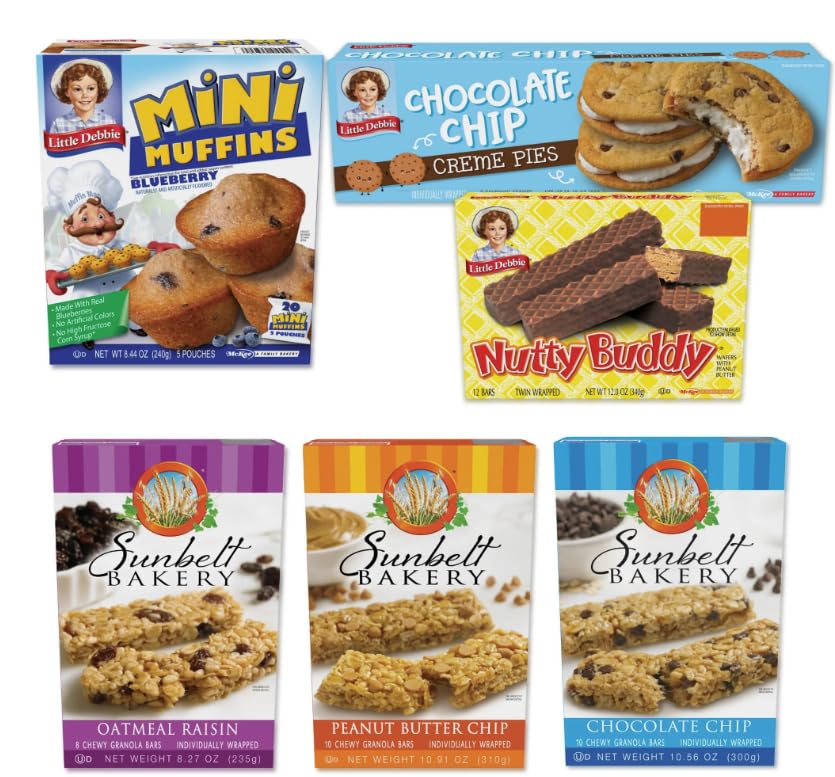 Little Debbie Variety Pack 'All Day Sampler' Bundle - 1 box each of Blueberry Muffins, Chocolate Chip Creme Pie, Nutty Buddy Bars with Sunbelt Bakery Oatmeal Raisin, Peanut Butter Chip and Chocolate Chip Granola Bars - 53 Piece Assortment