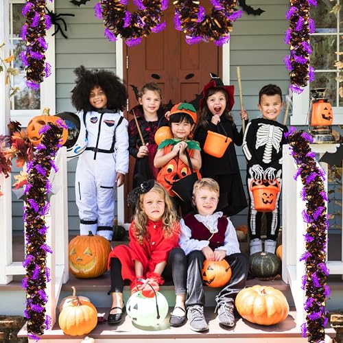 Image of 50 FT Halloween Tinsel Garland, Glitter Tinsel Garlands with Black Orange Purple Bat, Metallic Holiday Hanging Streamers for Halloween Party Supplies Indoor Outdoor Decoration