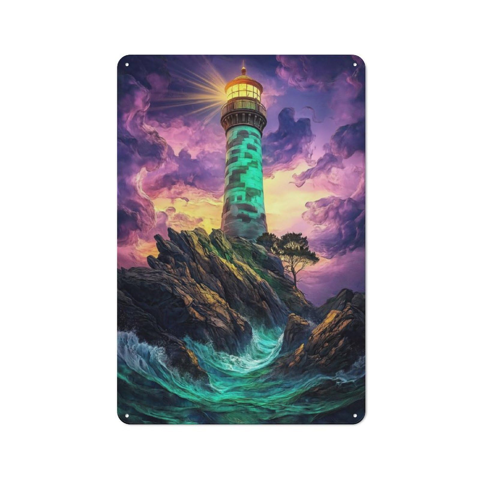 Junmoney Lighthouse On Rocky Coast Vintage Tin Sign 30X20cm With For Hobby Room Or Studio, For Metal Sign Collectors, For Garage And Workshop Walls