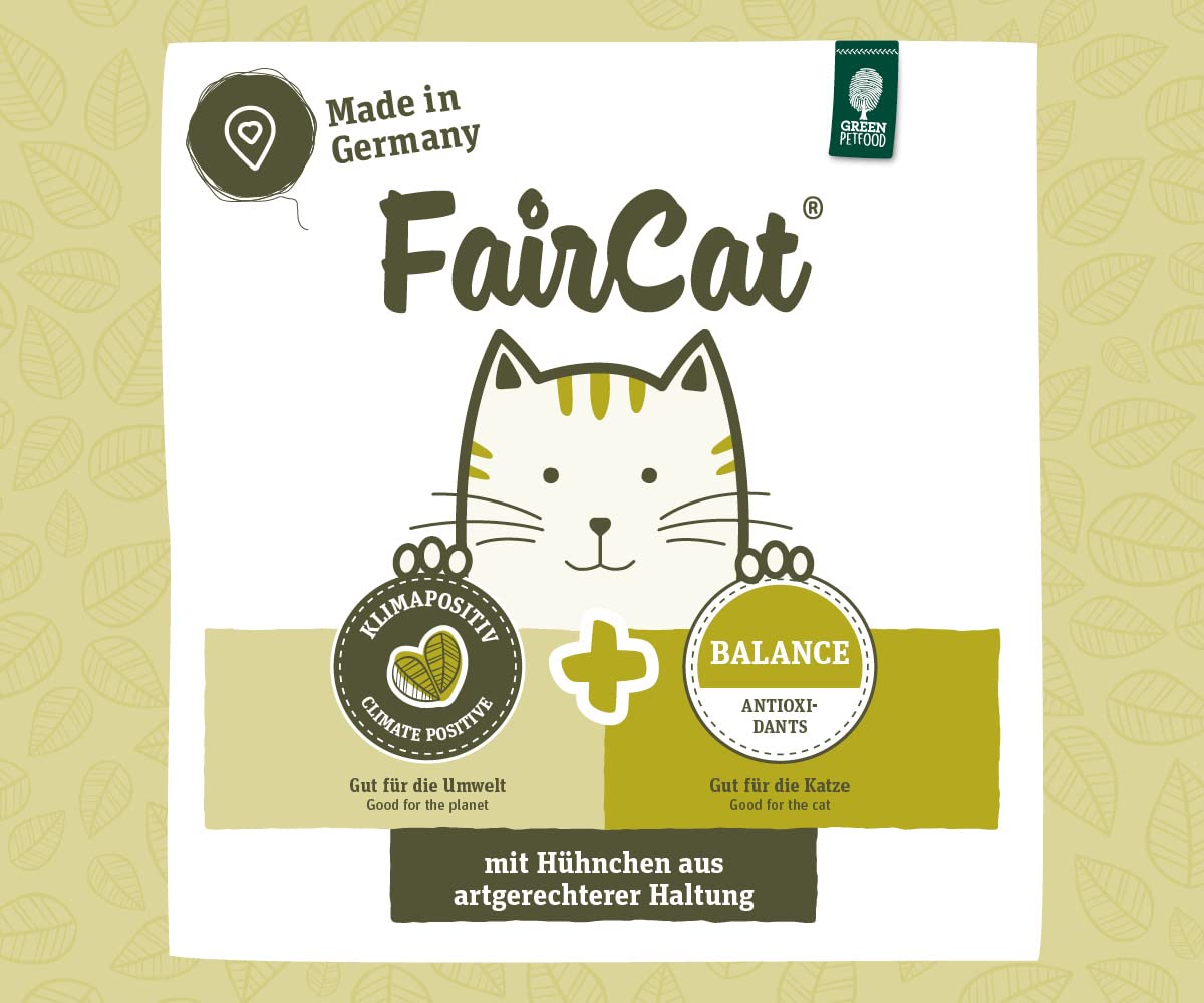 Green Petfood FairCat Balance (8 x 85 g), bezzbożowa karma dla dorosłych kotów, z kurczakiem dla zwierząt, mokra karma z zieloną herbatą i witaminą C + E, 8 sztuk