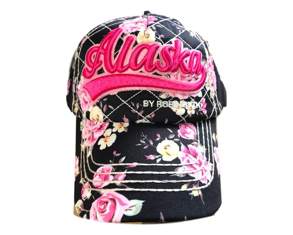 Robin RuthQuality Vibrant Floral Alaska Ball Cap Hat, Black/Hot Pink, One Size