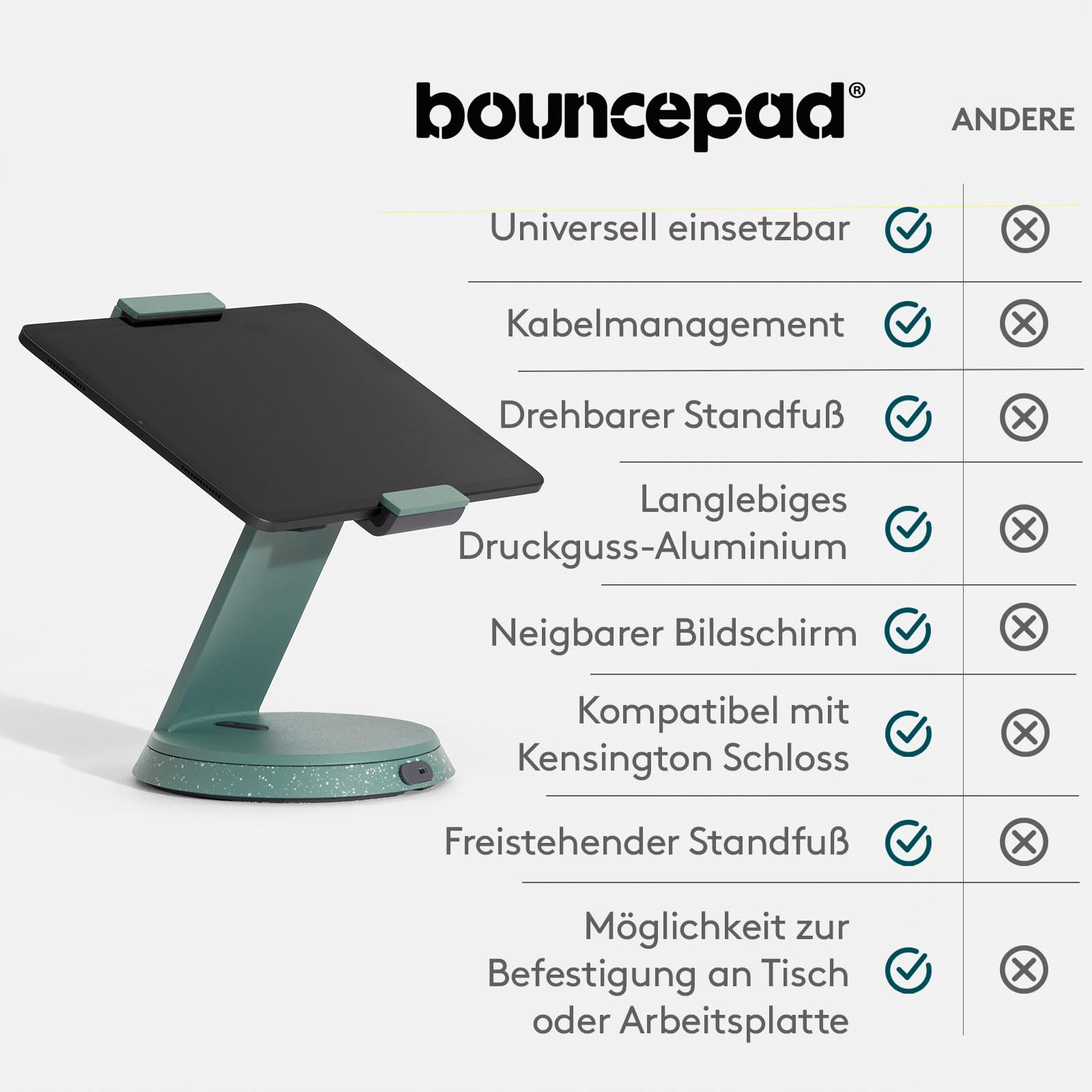 BOUNCEPAD Eddy Tablet Ständer & iPad Halterung – sichere POS-Halterung für 7"-13" Tablets | robuste Tischhalterung aus Druckguss-Aluminium| abschließbar | schwarz