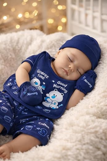 Cute Printed Soft Cotton Baby boy girl Clothing Set, Yellow, 0-3 Months, 5-Piece with Shirt, Shorts, Cap, Bib &amp; Mittens So...