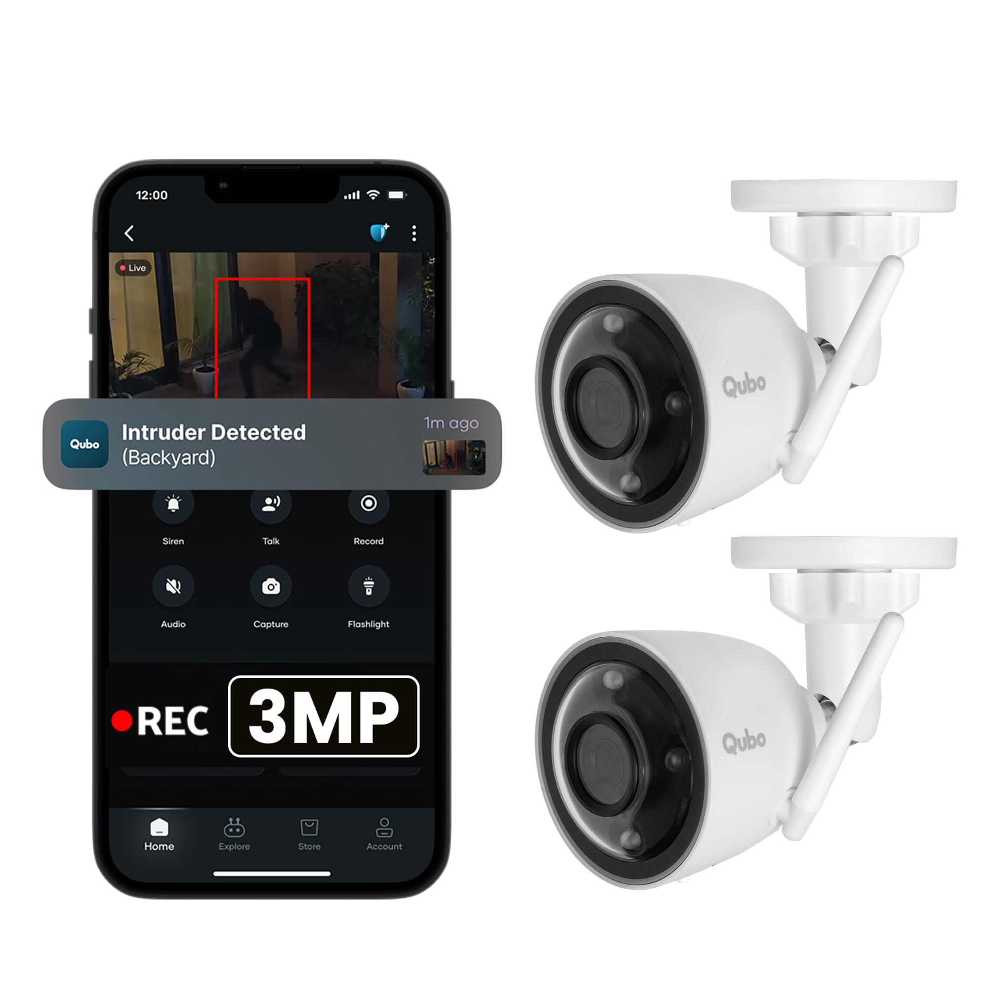 Qubo Smart Outdoor 2K 3MP 1296p WiFi Bullet Camera from Hero Group (Pack of 2) | Color Night Vision | AI Person Detection | Smart Spotlight | IP66 Weather Resistant | Made in India | 2024 Launch |