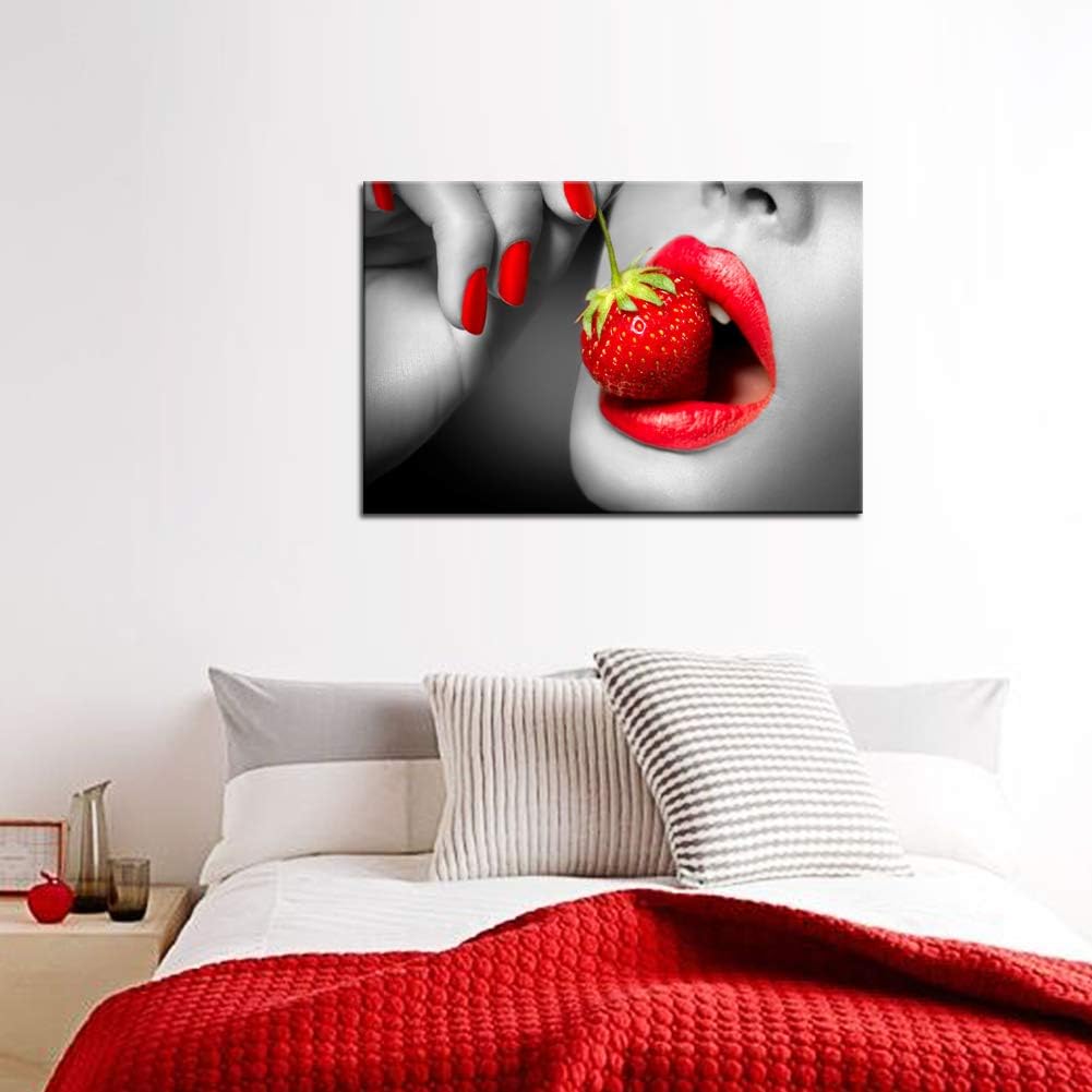 Suреr Chеар 🛒 Biuteawal - Woman Canvas Wall Art Sexy Red Lips Nails with Strawberry Picture Prints Black and White Painting for Home Salon Living Room Bedroom Wall Decor