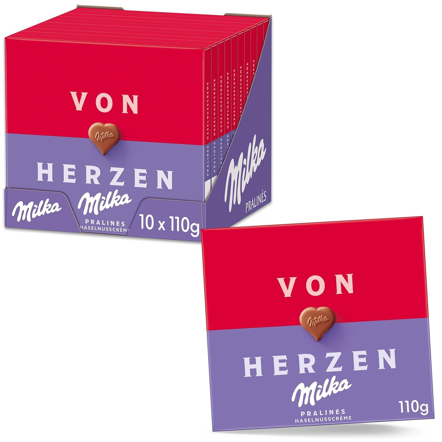 Milka Von Herzen Pralinen – Alpenmilch-Schokolade mit feiner Haselnusscrème-Füllung – 10 x 110 g