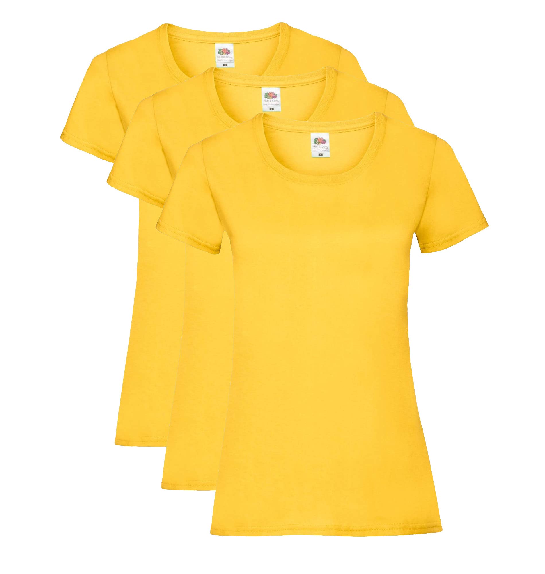 Fruit of the Loom Women's Valueweight T-Shirt 3 Pack Regular Fit Plain Crew Neck Short Sleeve T - Shirt, Yellow (Sunflower), 12 (Manufacturer Size:M/12)