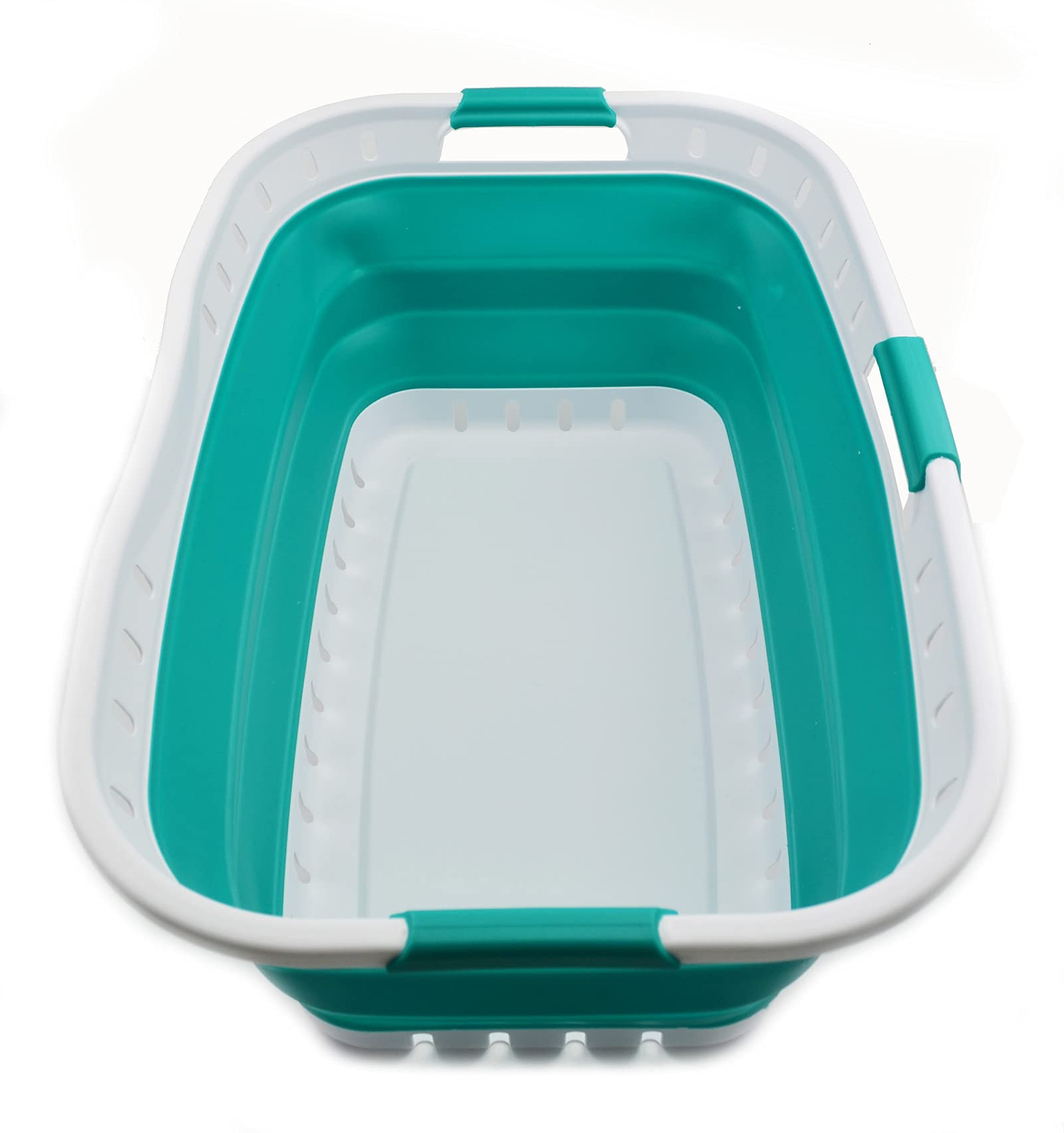 SAMMART Cesta plegable de plástico para la colada de 44 litros, plegable, organizador de almacenamiento, lavadero portátil (1, blanco/azulado-verde), Talla: 64,5 x 44 x 26 cm