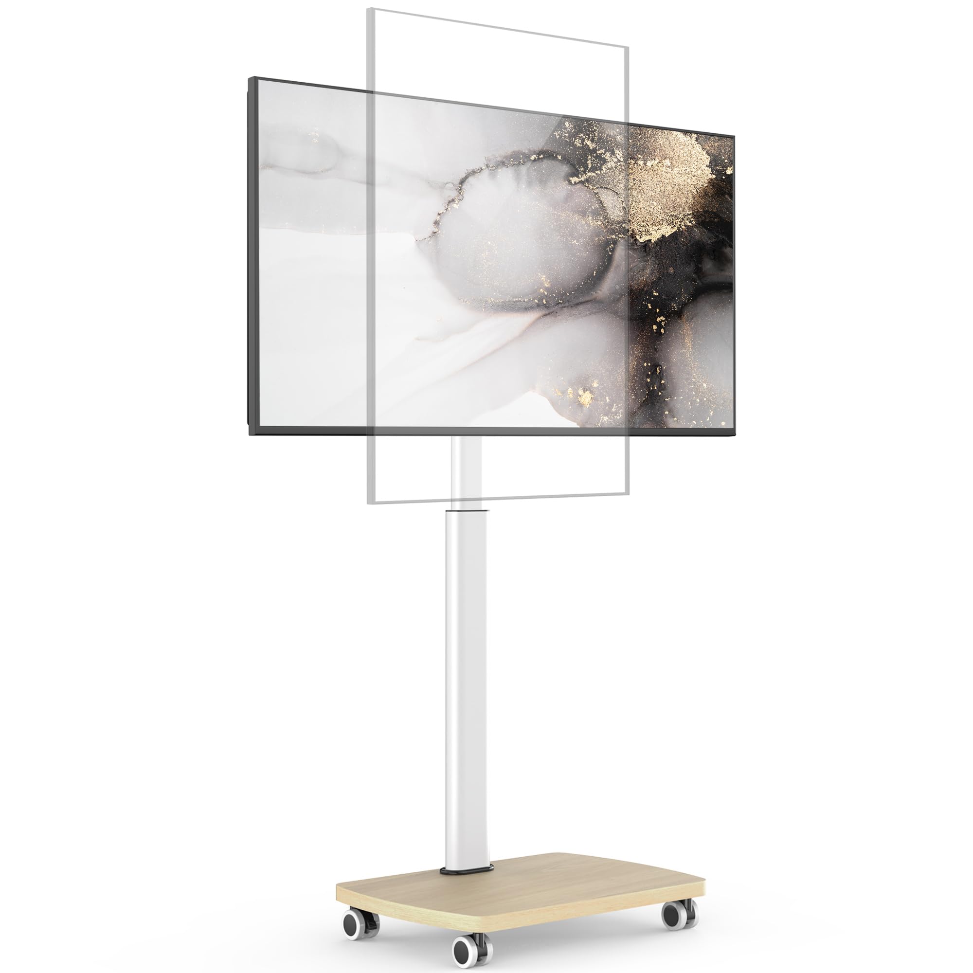 AOKCOS TV Ständer Rollbar mit Holzbasis, Fernsehständer Rotierbar für 19-42 Zoll Fernseher, TV Bodenständer mit Rollen Höhenverstellbar Schwenkbar, bis 20 kg Max. VESA 200x200mm (Weiß+Natur)