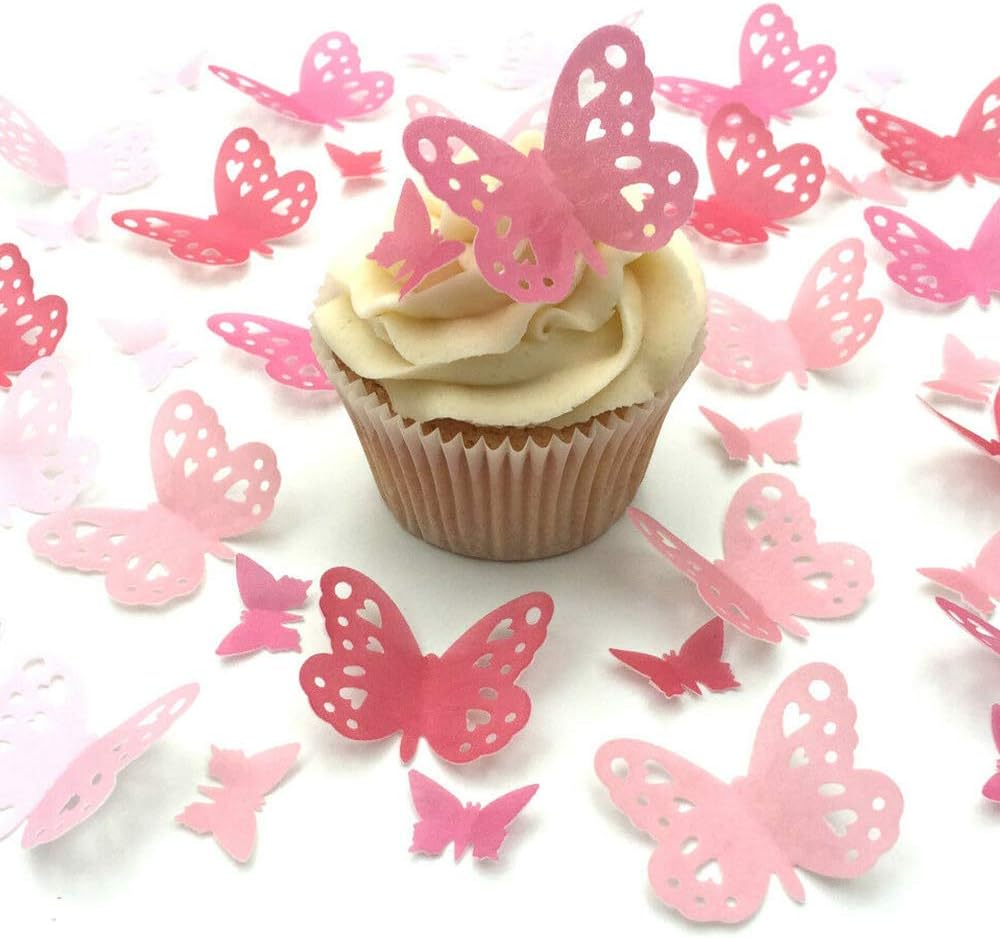 Pink Edible Wafer Paper Butterflies Set of 30 Cake Decorations, Cupcake Topper