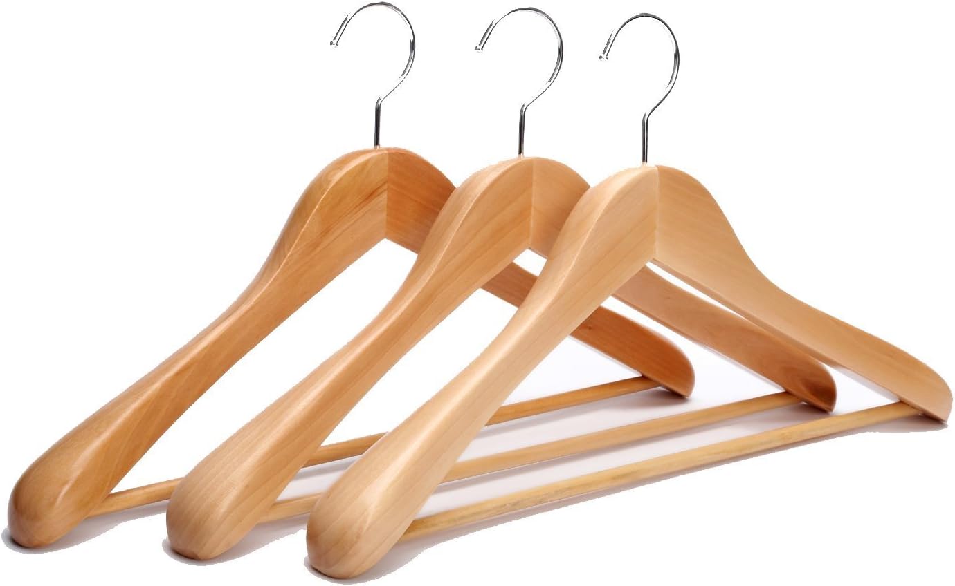 Extra Wide Rounded Shoulders Wood Coat Hanger with Rib Bar Suit Hanger and Polished Chrome Hook, Natural Finish,3-pack