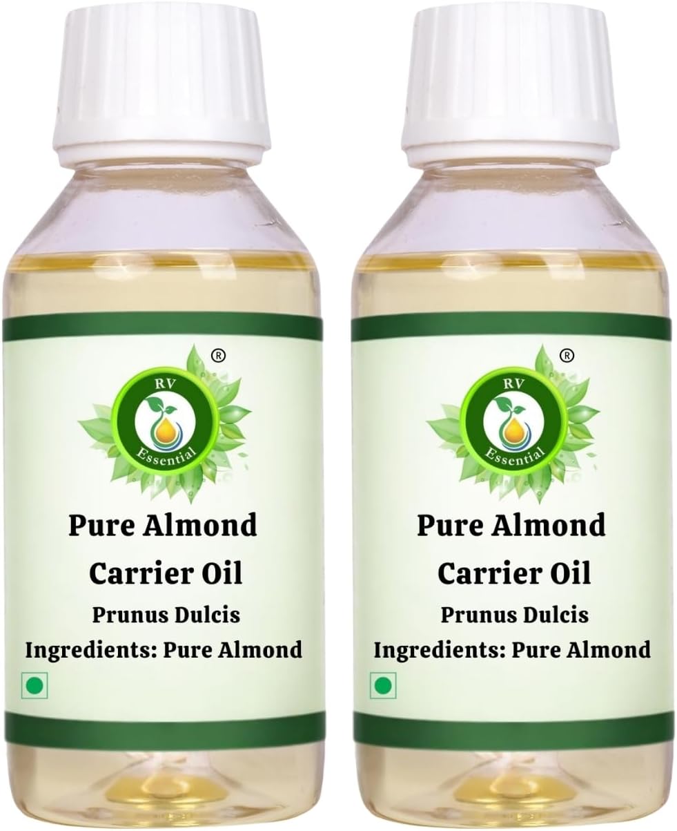 R V Essential Pure Almond Carrier Oil (100ml+100ml) Pack of Two- Prunus Dulcis (100% Pure and Natural Cold Pressed) For Skin Face Hair Scalp Massage Aromatherapy Diffuser Soap Candle Perfume Making