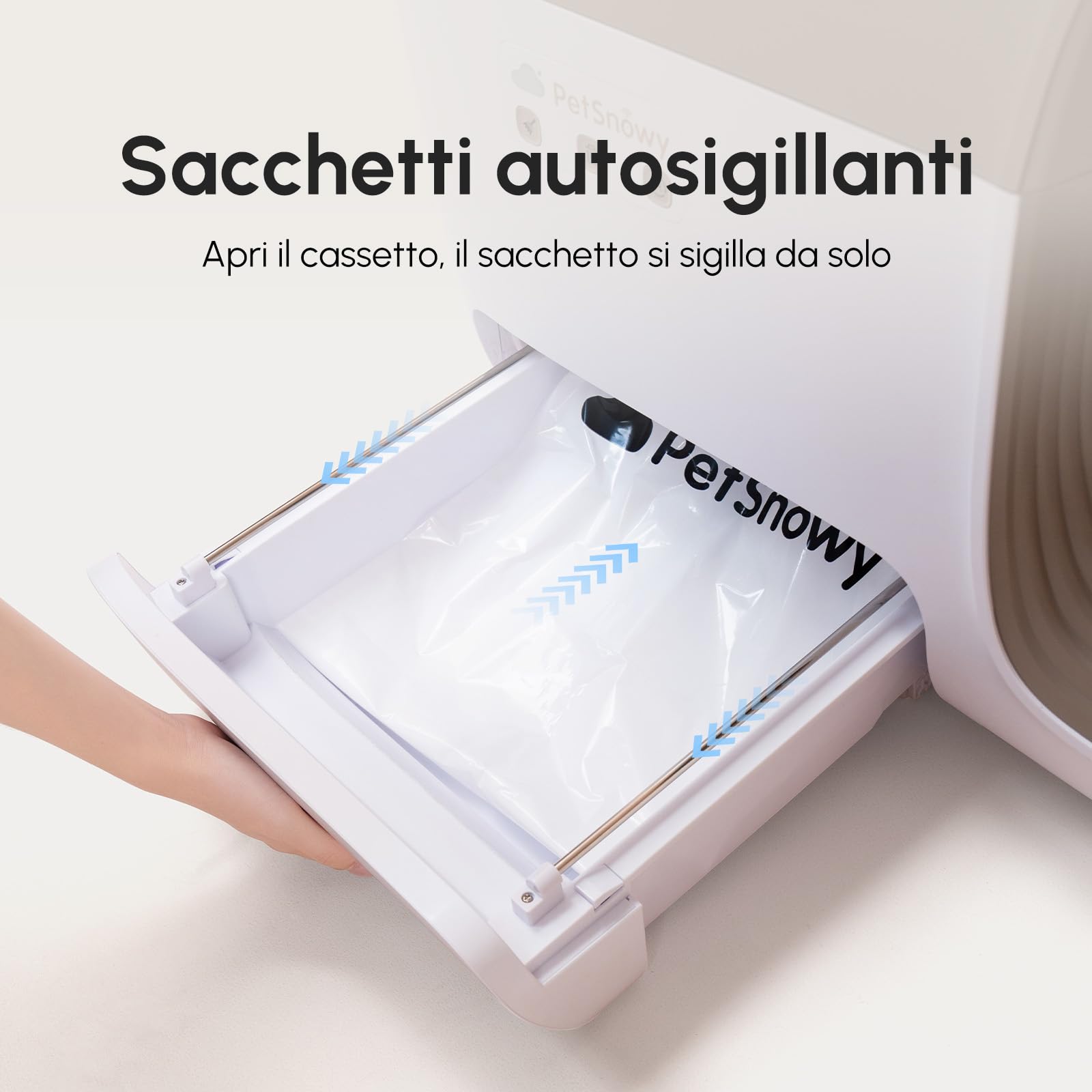 PetSnowy Snow+ Lettiera Gatto Autopulente con Stop all'odore di TiO2 alla fonte/Controllo tramite APP/7 livelli di protezione/Rilevamento multiplo di gatti, Max Capacità 83L per gatti 1,5-9 kg