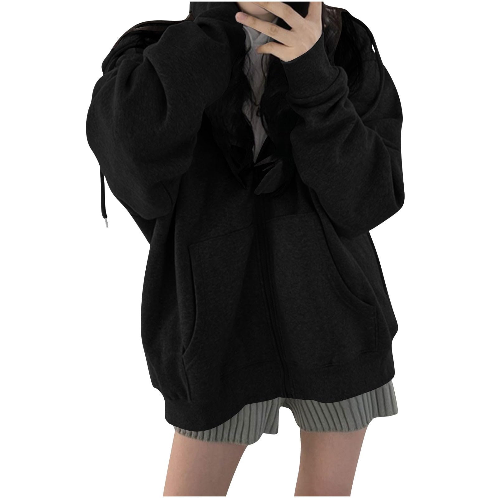 Womens Oversized Lightweight Hoodies Full Zip Up Long Sleeve Fall Spring Drawstring Sweatshirt Jackets with Pockets