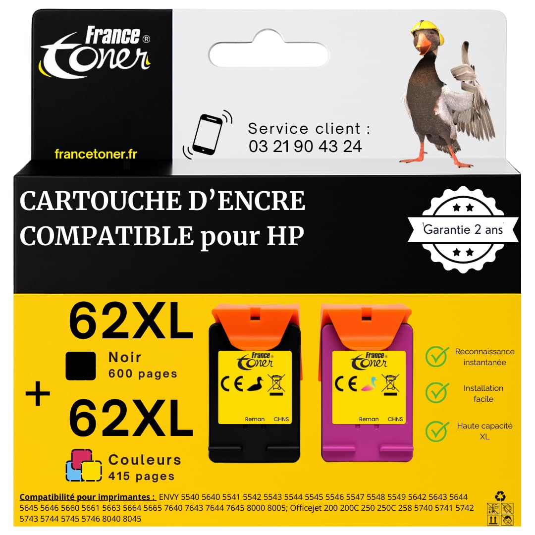 62XL - Cartouches Compatibles avec HP 62 XL - Encre Noir et Couleurs pour HP Envy 5540, 5542, 5543, 5544, 5545, 5546, 5547, 5548, 5640, 5642, Officejet 200, 250, 5740, 8040