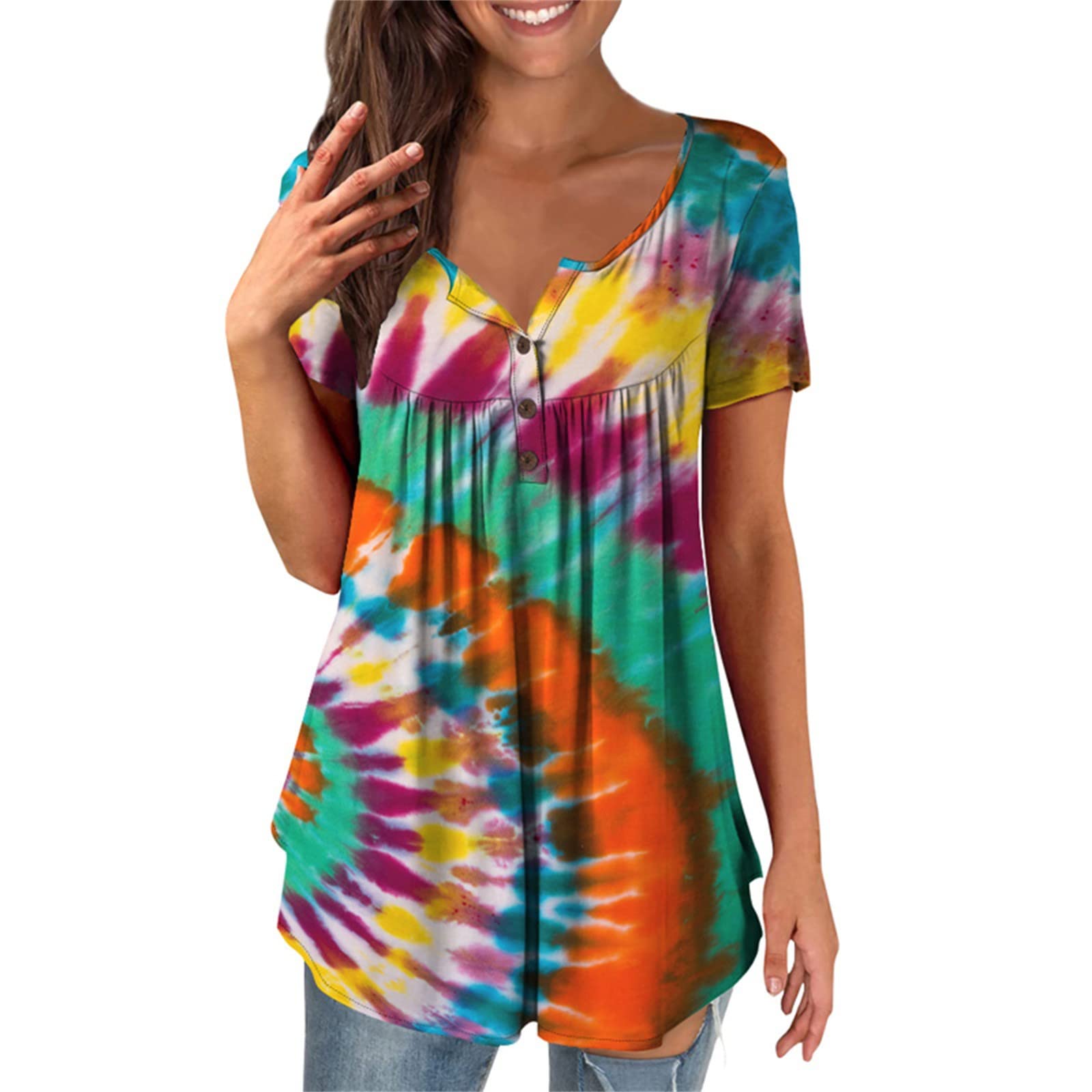 Women's Summer Printing Short Sleeve Tops Round Neck Button Down T Shirt Casual Loose Pleated Ties Blouses