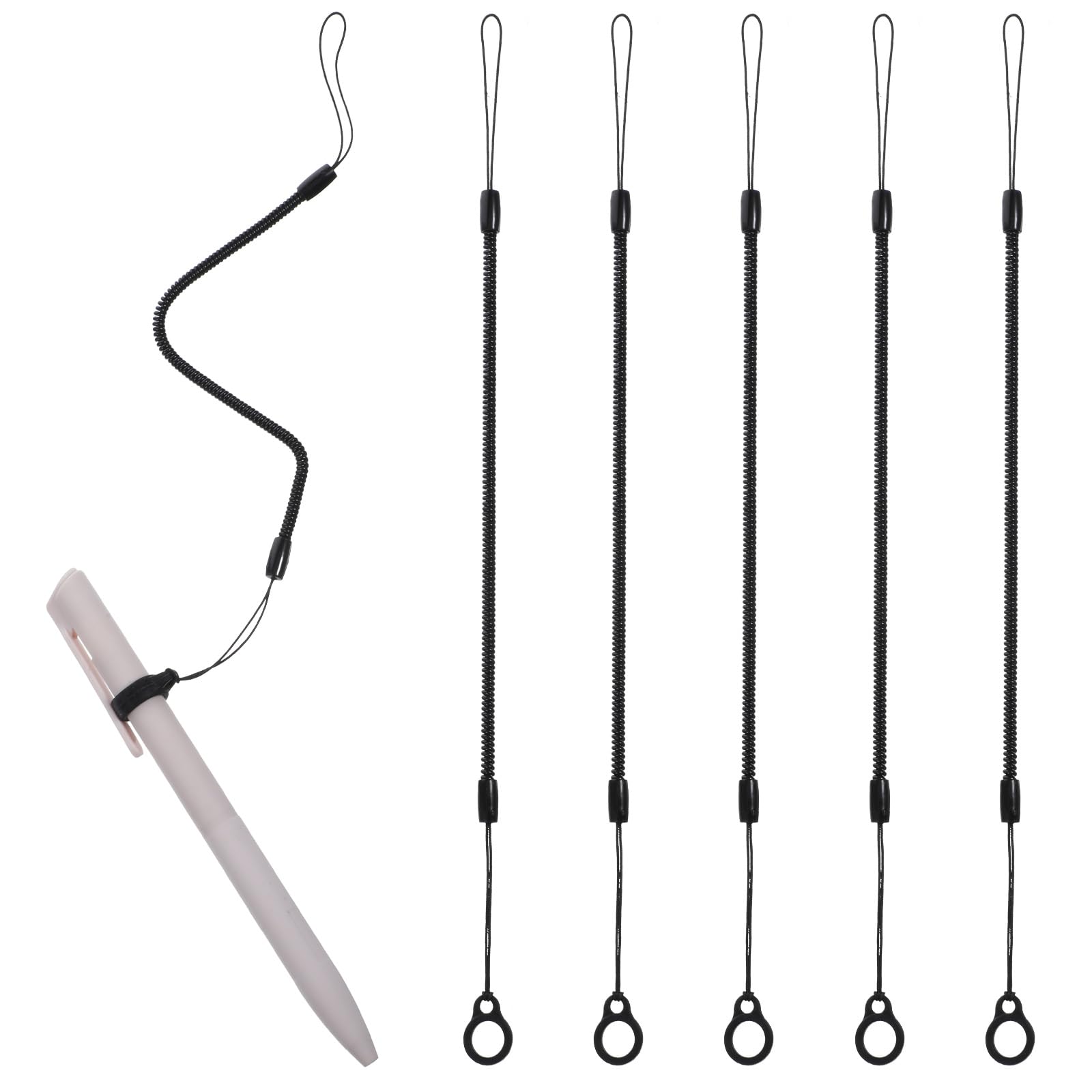 5pcs Elastic Tether Lanyard Pen Leash Anti Lose Stylus Tether Retractable Spring Coil Strap Cord for Clipboard Pens with Silicone Ring Tethering Drawing Pen to Touchscreen Pencil Chain for Tablet