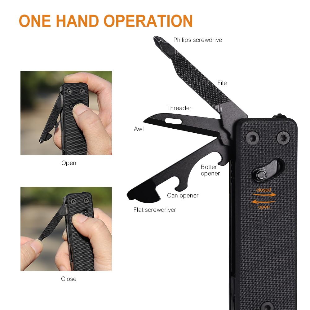 ROXON KS2E NOIR Couteau de poche multifonction avec grande lame de ciseaux | manche en G10 et clip de poche, 13 fonctions en 1, idéal pour le camping, la randonnée, les urgences et un usage quotidien
